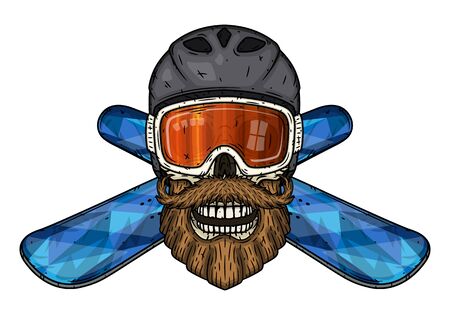 Skull. Bearded skull in sports helmet, ski goggles and crossed snowboard. Cartoon skull.のイラスト素材