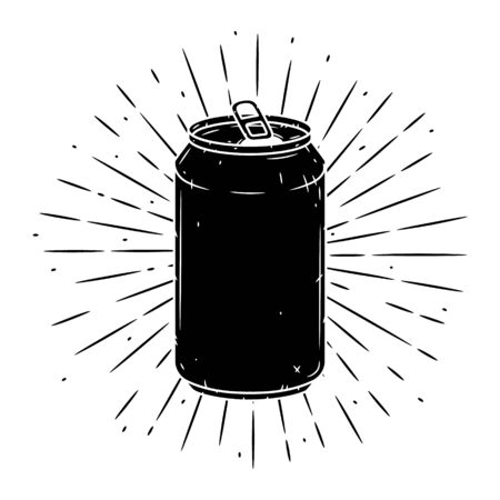 Aluminum can. Hand drawn vector illustration with Aluminum can and divergent rays. Used for poster, banner, web, t-shirt print, bag print, badges, flyer, logo design and more.のイラスト素材