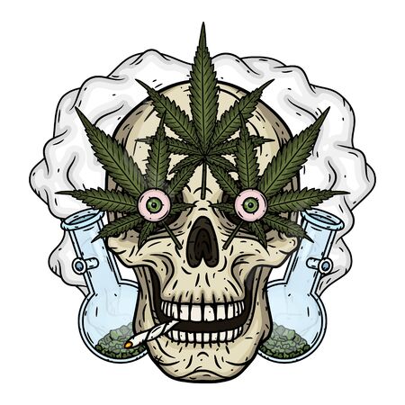 Skull. Skull with bong and marijuana leaves. Rastaman skull with cannabis leafs and spliff.のイラスト素材