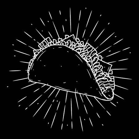 Taco. Traditional Mexican food. Vector illustration isolated on black background.のイラスト素材