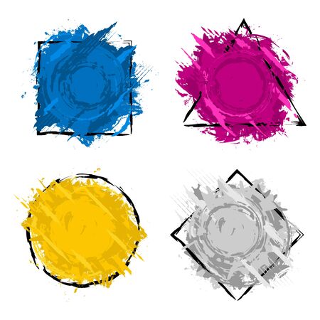 Set of four grunge splash banners. Vector splatter labels with space for text. Grunge label with geometric figures. Paint splash. Vector colorful paint splashes.のイラスト素材