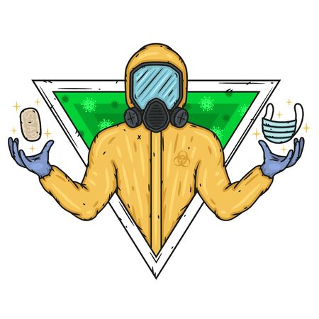 Doctor in biological protection suit with soap and medical mask.のイラスト素材