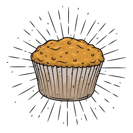 Muffin. Hand drawn vector illustration with muffin and sunburst. Used for poster, banner, web, t-shirt print, bag print, badges, flyer,  design and more.のイラスト素材
