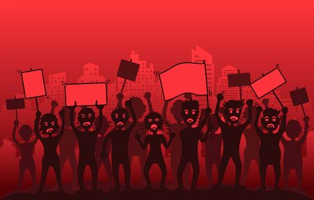 Protesting people. A crowd of angry protesters with flags and banners in the background of the city.のイラスト素材