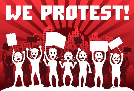 Protesting people. A crowd of angry protesters with flags and banners in the background of the city.のイラスト素材