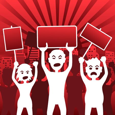 Protesting people. A crowd of angry protesters with flags and banners in the background of the city.のイラスト素材