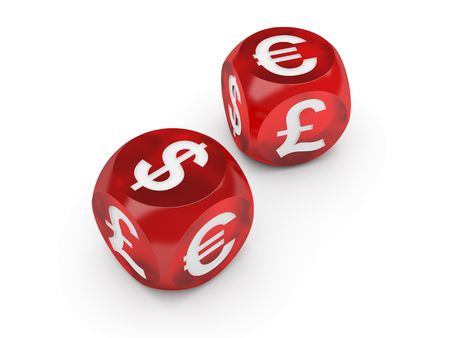 Currency Gambling (Dices with a currencies signs on the sides)の写真素材
