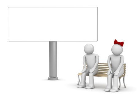 Shy couple on a bench with copyspace (love, valentine day series; 3d isolated characters)の写真素材