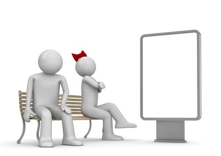 Offended man and woman on a bench with copyspace (love, valentine day series; 3d isolated characters)の写真素材