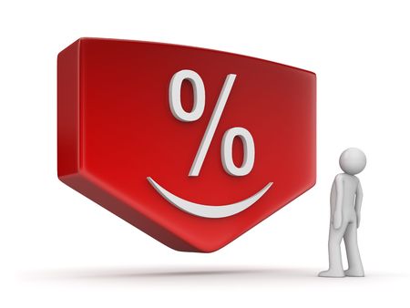 Sale/discount series (3d isolated character, red plate, arrow, smiling percentage sign)の写真素材