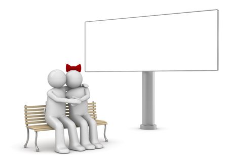 Embracing couple on a bench with copyspace billboard (love, valentine day series; 3d isolated characters)の写真素材