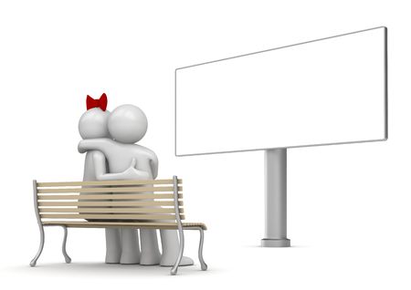 Embracing man and woman on a bench with copyspace (love, valentine day series; 3d isolated characters)の写真素材