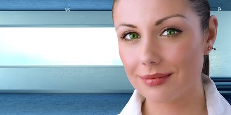 My boss is a sexy young businesswoman with green eyes (remarkable future interiors series with furniture, people and copy space)の写真素材
