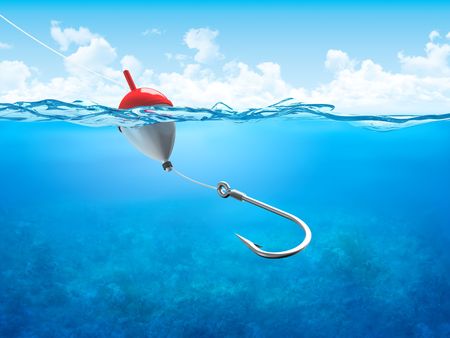 Float, fishing line and hook underwater vertical (3d illustrations concepts series to use as backgrounds or workpieces)の写真素材