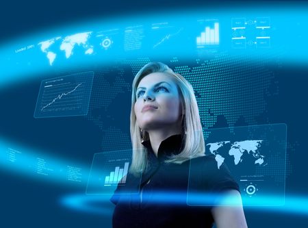 Attractive blonde young woman in futuristic interface (business people in virtual space photo collages series)の写真素材