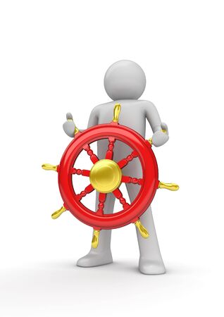 Happy captain steering the wheel (3d isolated on white background characters series)の写真素材
