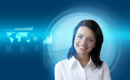 Happy smiling brunette futuristic interface (outstanding business people in interiors / interfaces series)の写真素材