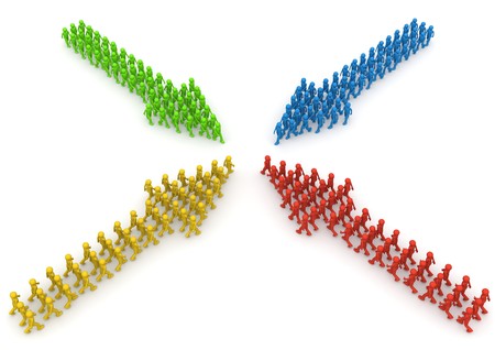 Meeting of four coloured characters arrow formationsの写真素材