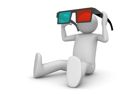 Character wearing 3d stereo anaglyph glasses. Cinema visitor.