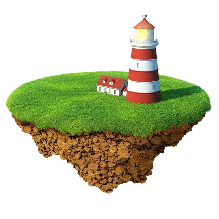 Lighthouse on the island. Detailed ground in the base. Concept of success and happiness, idyllic ecological lifestyle.の写真素材