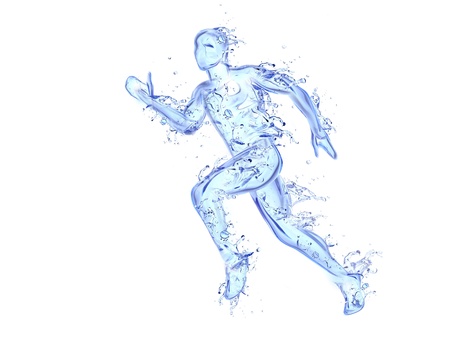 Running man liquid artwork - Athlete figure in motion made of water with falling dropsの写真素材