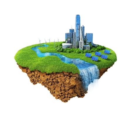 Eco city concept. Cityscape on a lawn with river, waterfall. Fancy island in the air isolated. Detailed ground in the base. Concept of success and happiness, idyllic modern harmony lifestyle.の写真素材