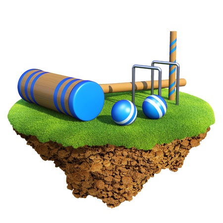 Cricket bat, wicket stumps, bails and balls based on little planet. Concept for cricket team or competition design. Tiny island / planet collection.の写真素材