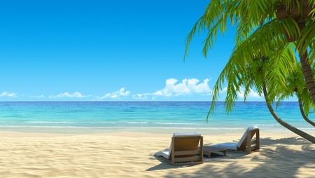 Two stylish beach chairs on idyllic tropical white sand beach. Shadow from the palm trees. No noise, clean, extremely detailed 3d render. Concept for holidays, spa, resort design. Two stylish beach chairs on idyllic tropical white sand beach. Shadow from the palm trees. No noise, clean, extremely detailed 3d render. Concept for holidays, spa, resort design.