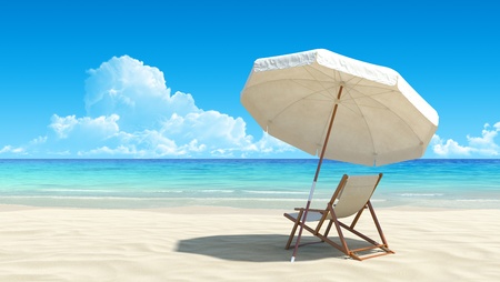 Beach chair and umbrella on idyllic tropical sand beach. No noise, clean, extremely detailed 3d render. Concept for rest, relaxation, holidays, spa, resort design. Beach chair and umbrella on idyllic tropical sand beach. No noise, clean, extremely detailed 3d render. Concept for rest, relaxation, holidays, spa, resort design.