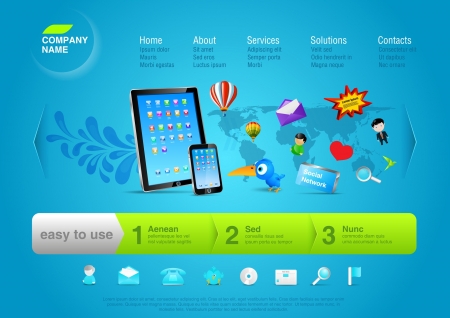 Touch pad   smartphone with flying logo and sign from em  Website template for business promo, product, service, internet, new multiuse device etc  Editableのイラスト素材