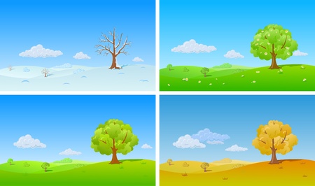 Background Nature. Four seasons. Lonely tree in Winter, Spring, Summer, Autumn.のイラスト素材
