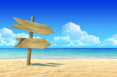 Empty wooden double signpost to place your logo, product or text  on idyllic tropical sand beach  Clean, extremely detailed 3d render  Concept for rest, holidays, resort, spa background の写真素材