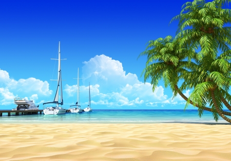Marina pier and palms on empty idyllic tropical sand beach No noise, clean, extremely detailed 3d render Concept for rest, yachting, holidays, resort, spa design or background Marina pier and palms on empty idyllic tropical sand beach No noise, clean, extremely detailed 3d render Concept for rest, yachting, holidays, resort, spa design or background
