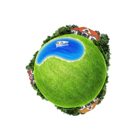 Mini planet concept isolated  Boat in center of the pond between three villages  Countryside concept  Earth collection  Green field copy space for text, logo, advertisement or product の写真素材