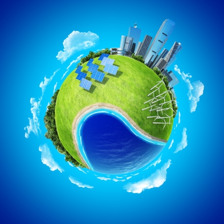 Mini planet concept  City, ocean, forest, wind turbines, solar batteries, sea coast and fresh green field  Earth collection の写真素材