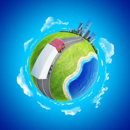 Truck on the highway heading to the city on horizon  Mini planet concept  Delivery, transportation expedition concept  Earth collection の写真素材