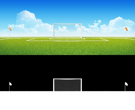 Football  soccer  goals on clean empty green field  Alpha blending layer included  Concept for team, championship, league poster   website design  One from collection の写真素材