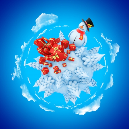 New Year mini planet concept  Snowman with fir and gifts の写真素材