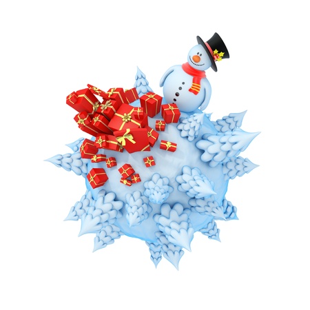 New Year mini planet concept  Snowman with gifts の写真素材