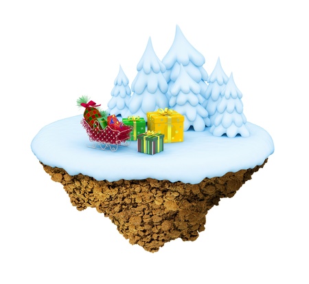 New Year little snowy levitate stylized island / planet. A piece of land in the air.の写真素材
