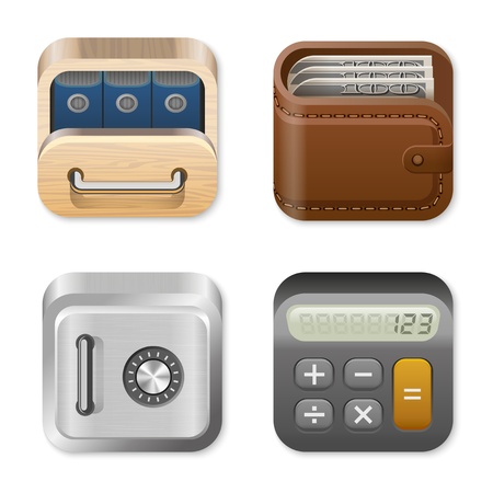 Finance Icons set: Drawer, Wallet, Vault, Calculator. Vector.のイラスト素材