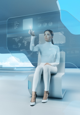 Future technology touchscreen interface Girl touching screen interface in hi-tech interior Business lady pressing virtual button in futuristic office Future technology touchscreen interface Girl touching screen interface in hi-tech interior Business lady pressing virtual button in futuristic office