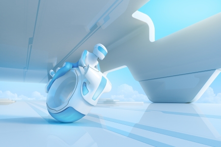 Future motobike rider in hi-tech interior. Futuristic transport concept serie.の写真素材