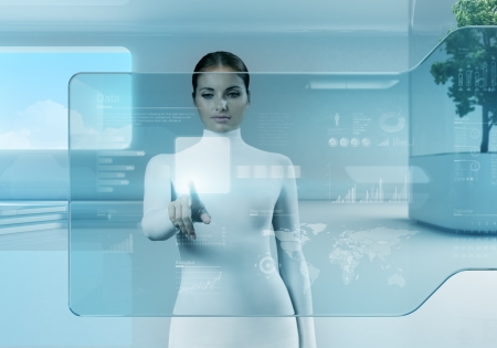 Future technology touchscreen interface Girl touching screen interface in hi-tech interior Business lady pressing virtual button in futuristic office の写真素材