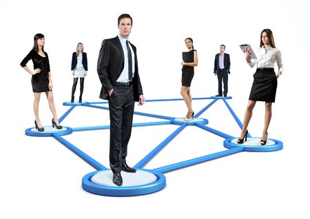 Social network concept  People standing on pedestals connected by lines  Isolated の写真素材