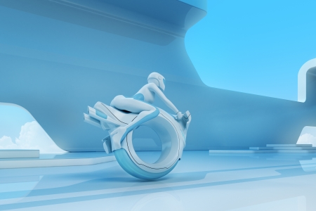 Future motobike rider in hi-tech interior  Futuristic transport concept series の写真素材