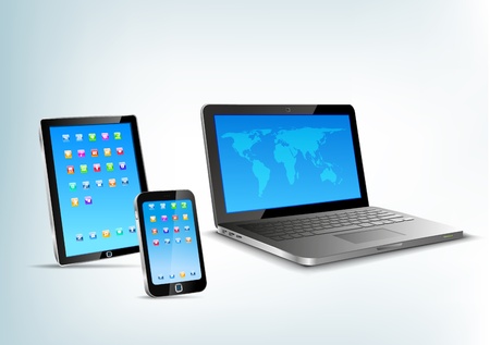 Abstract 3d devices  Tablet pc, laptop, smartphone vector perspective view  Notebook, mobile phone, touchpad のイラスト素材