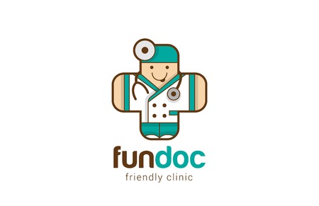 Funny Friendly Doctor Logo Medical Cross shape design vector template.
Therapist icon. Children medical clinic Logotype concept. Healthcare with Fun.のイラスト素材