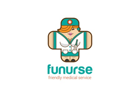 Funny Friendly Nurse Logo Medical Cross shape design vector template.
Children medical clinic Logotype concept. Healthcare with Fun.のイラスト素材
