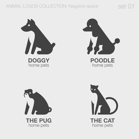 Home pets Animals Logos negative space style design vector templates.
Abstract dog, poodle, pug, cat silhouettes logotype concept icons set.のイラスト素材